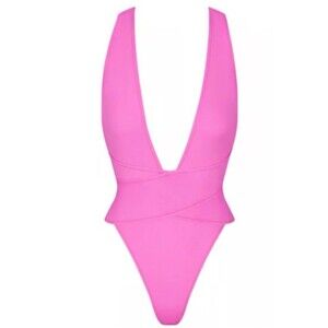 SKIMS recycled swim cut out plunge monokini TAFFY PINK nwt small